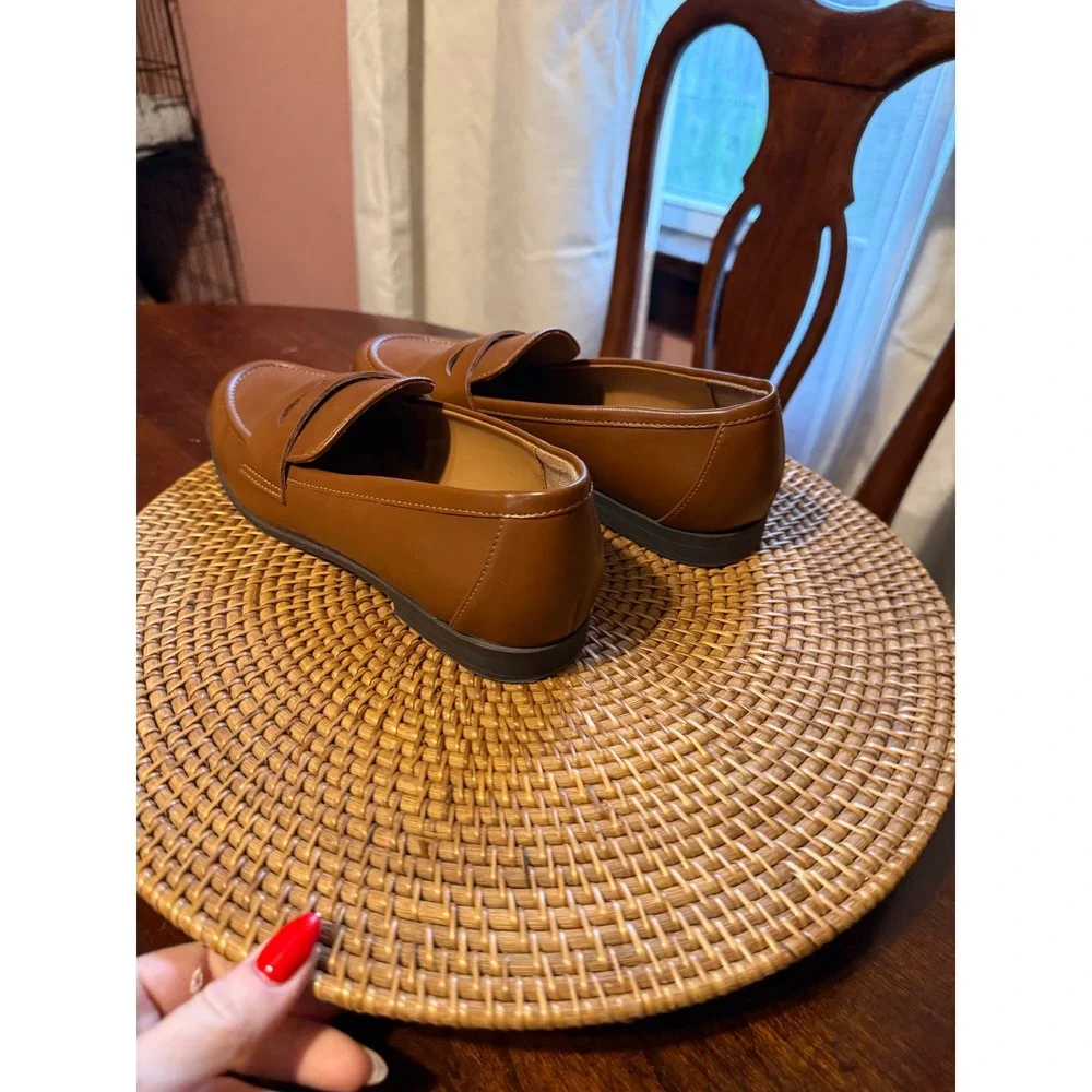 Kensie Womens Cognac Brown Faux Leather Penny Loafers Classic Slip On Flats